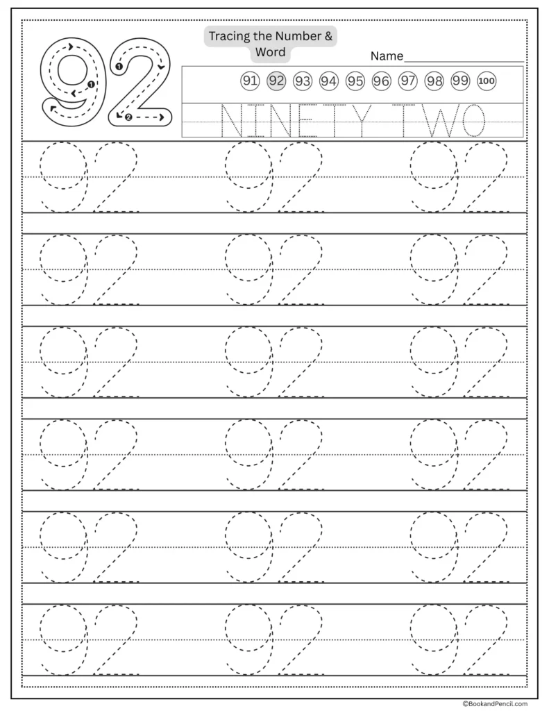 Tracing number 92 worksheet with number word ninety two and dotted lines.