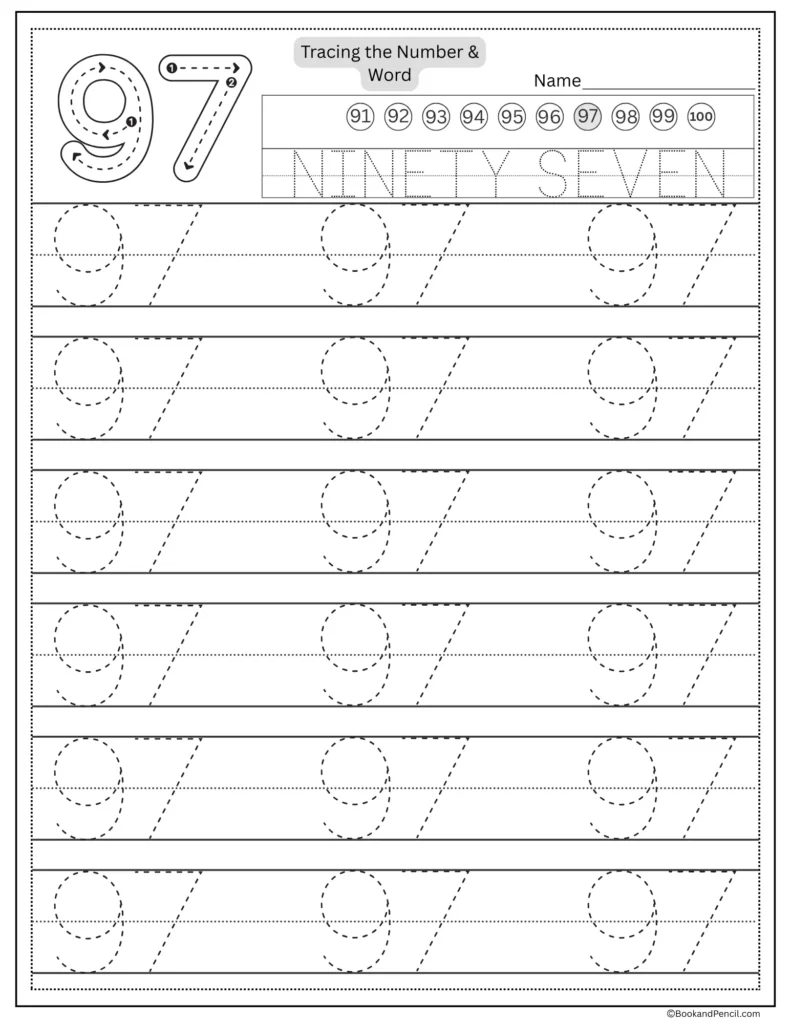Tracing number 97 worksheet with number word ninety seven and dotted lines.