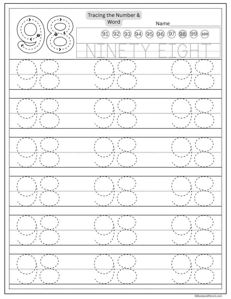 Tracing number 98 worksheet with number word ninety eight and dotted lines.