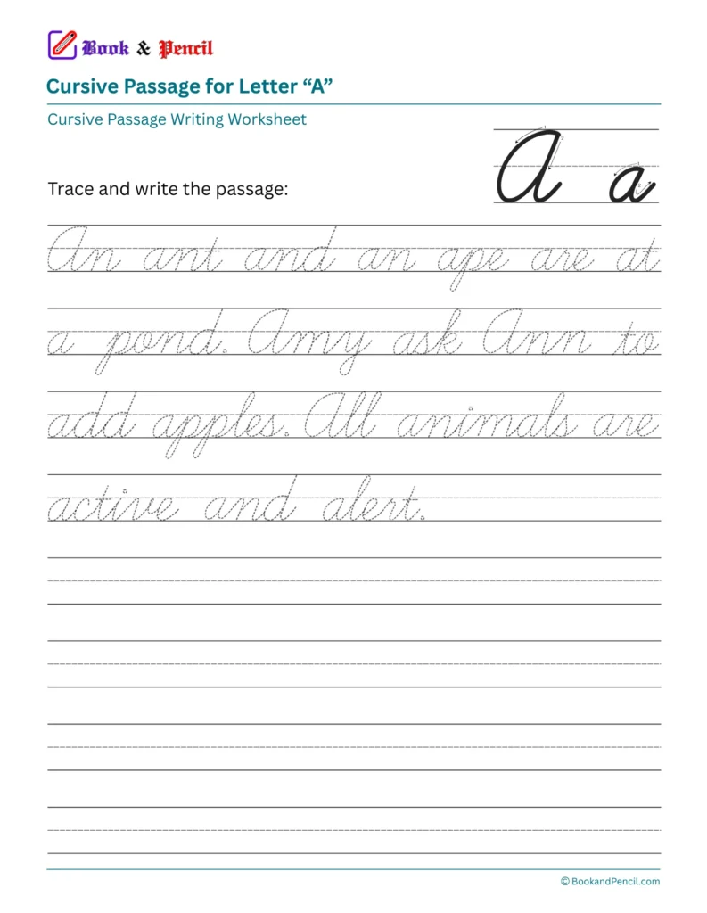 Free printable Pdf download cursive passage practice worksheet for letter A
