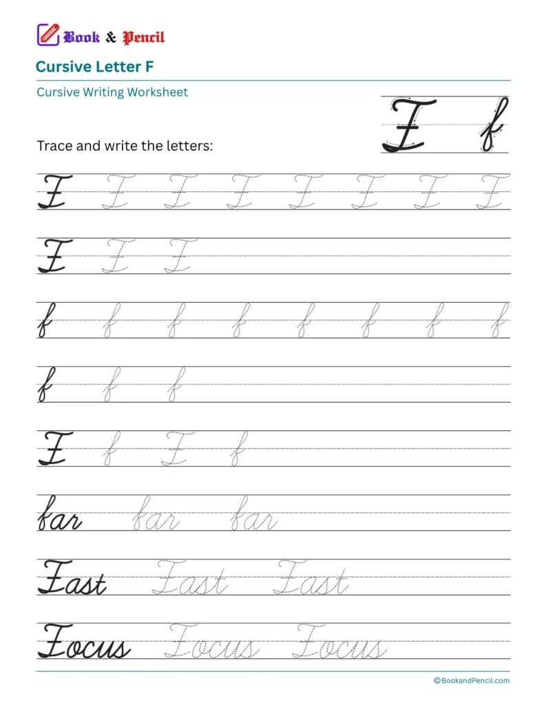 Free printable cursive letter F worksheet showing uppercase and lowercase tracing practice with words far, Fast, and Focus.