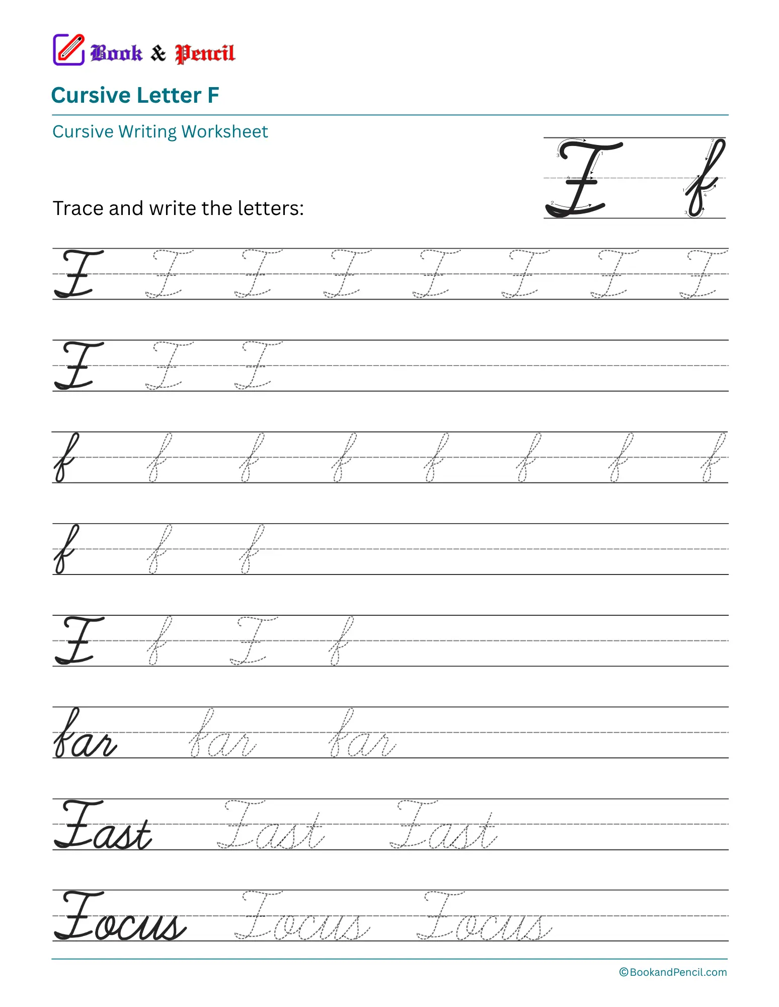 Cursive Letter F Worksheets — Free Printable PDF