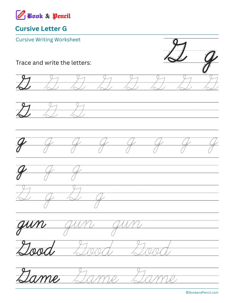 Free printable cursive letter G worksheet showing uppercase and lowercase tracing practice with words gun, Good, and Game.