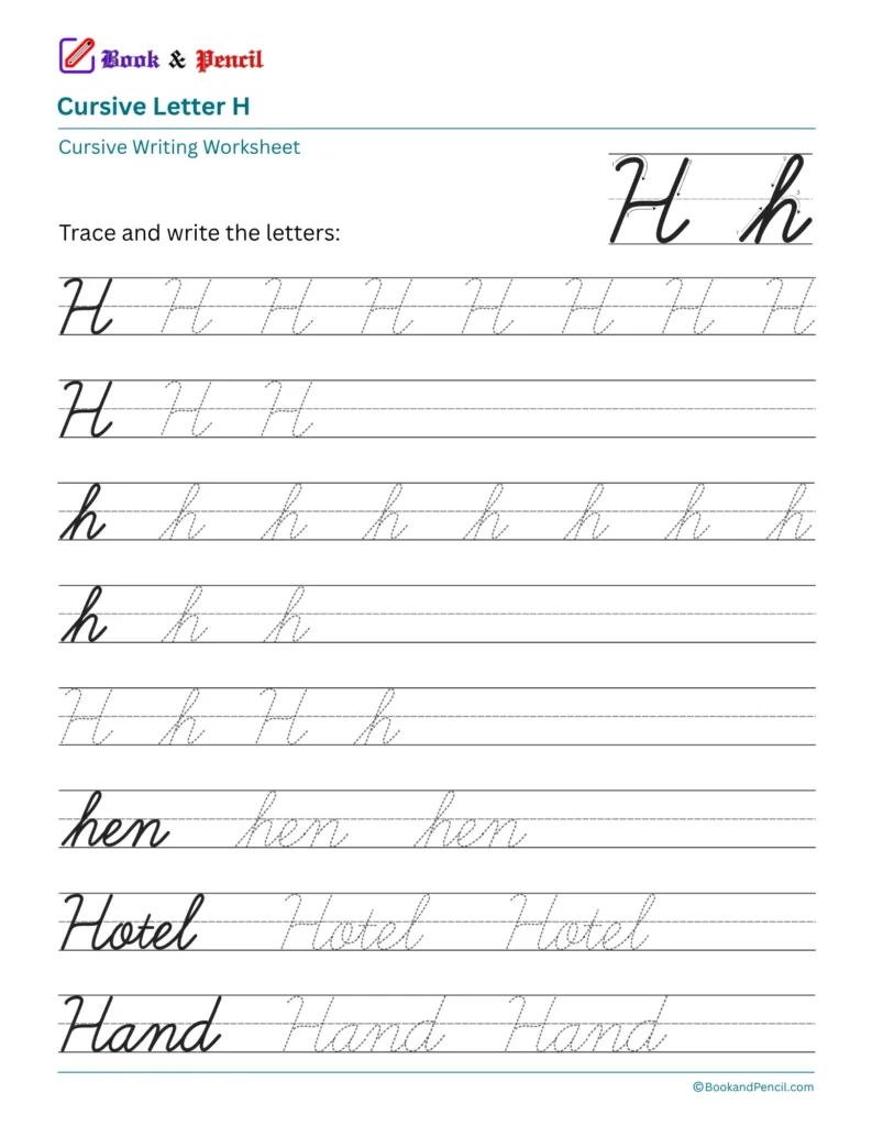 Free printable cursive letter H worksheet showing uppercase and lowercase tracing practice with words hen, Hand, and Hotel.