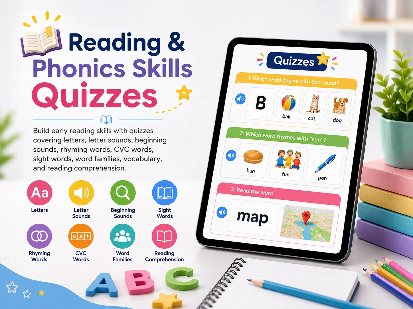 kindergarten reading phonics skills quizzes