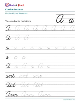 Free printable cursive letter A worksheet showing uppercase and lowercase tracing practice with words ant, Aid, and Arm.