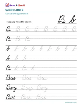 Free printable cursive letter B worksheet showing uppercase and lowercase tracing practice with words Bus, Boy, and Bat