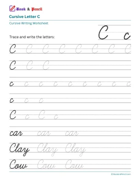 Free printable cursive letter C worksheet showing uppercase and lowercase tracing practice with words car, Clay, and Cow
