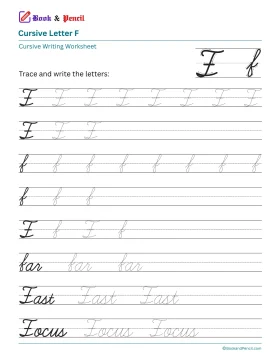 Free printable cursive letter F worksheet showing uppercase and lowercase tracing practice with words far, Fast, and Focus.
