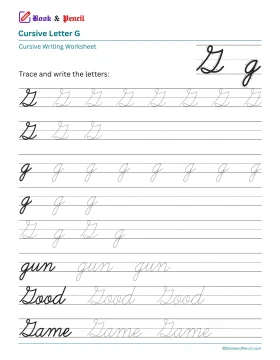 Free printable cursive letter G worksheet showing uppercase and lowercase tracing practice with words gun, Good, and Game.