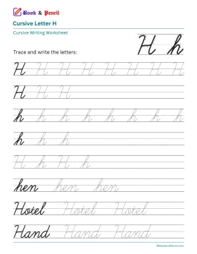 Free printable cursive letter H worksheet showing uppercase and lowercase tracing practice with words hen, Hand, and Hotel.