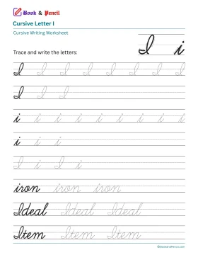 Free printable cursive letter I worksheet showing uppercase and lowercase tracing practice with words iron, ideal, and Item.