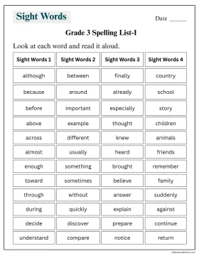 Grade 3 sight words spelling worksheet with common third grade spelling words for reading and writing practice
