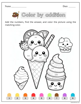 Ice cream color by addition worksheet for kindergarten and 1st grade