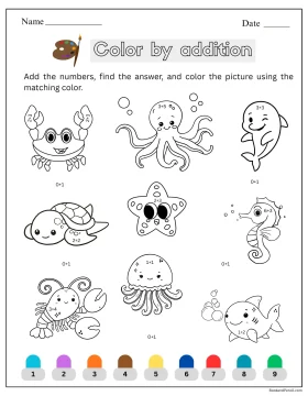 Ocean animals color by addition worksheet for kindergarten math